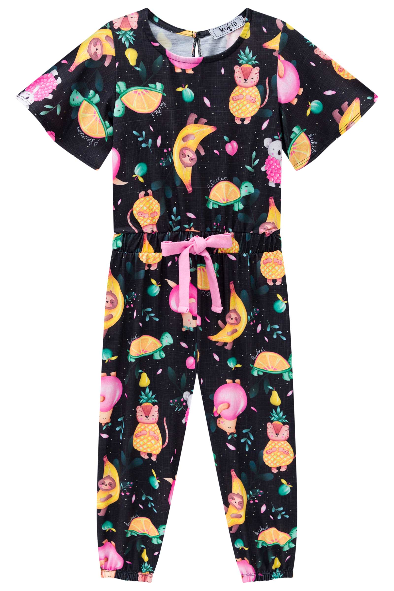 Macacão Infantil Kukie Verão Preto Frutas Divertidas