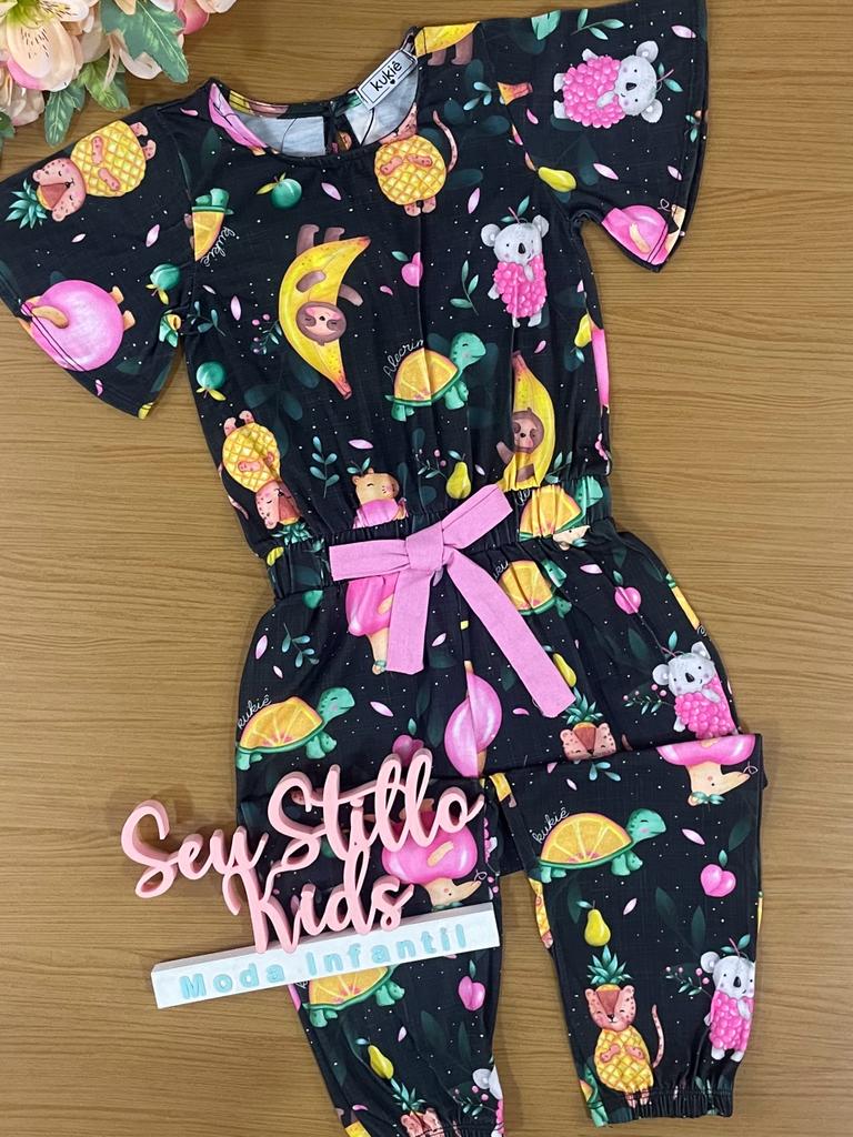 Macacão Infantil Kukie Verão Preto Frutas Divertidas