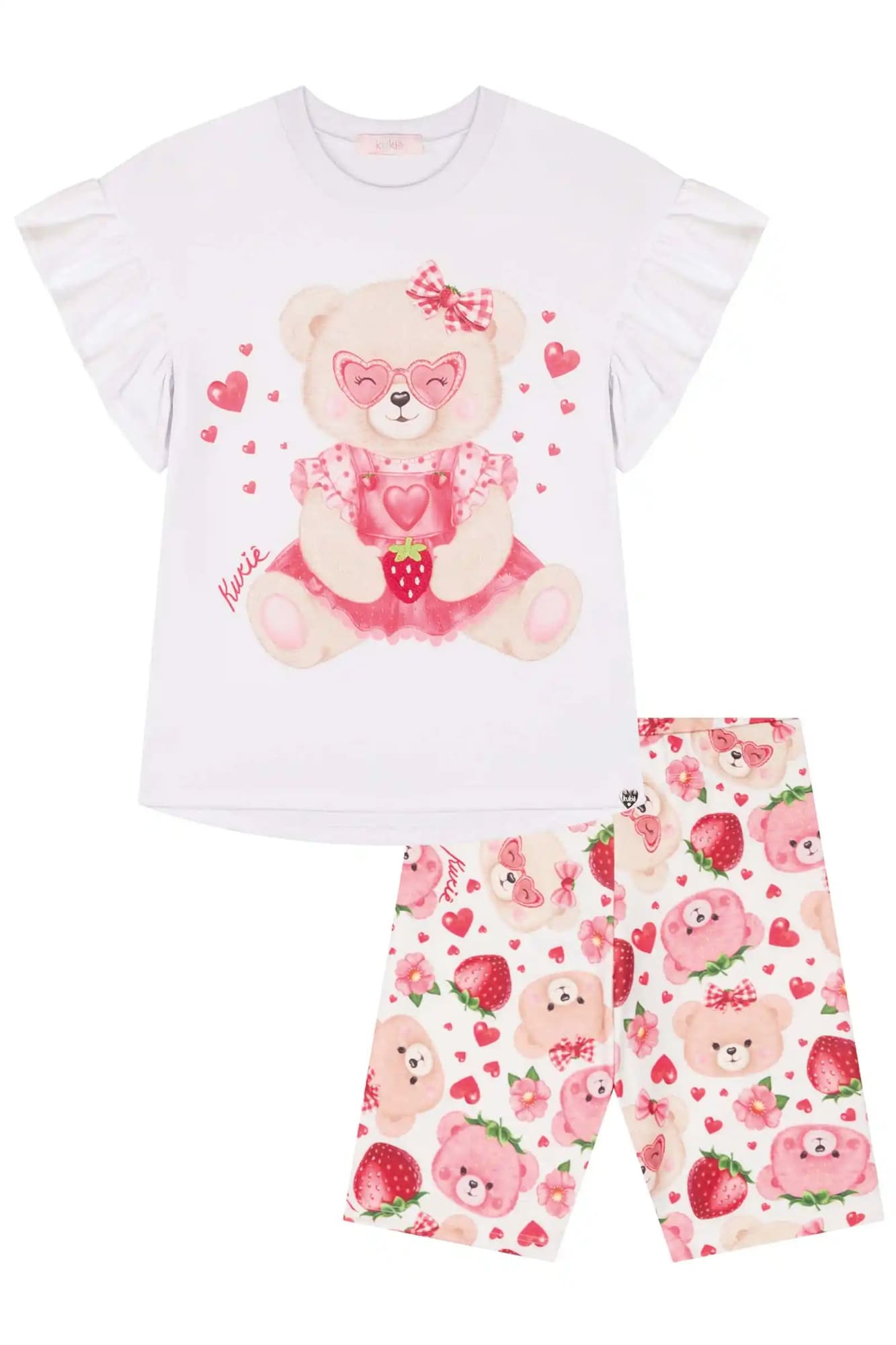 Conjunto Infantil Kukiê Verão com Shorts Ciclista e Blusa Branca Ursinha Moranguinho