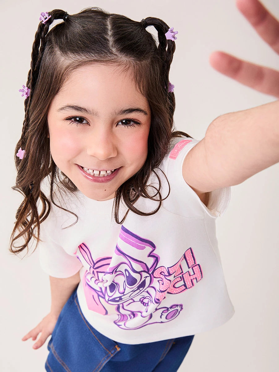 Blusa Infantil Bimbi Inverno Manga Curta Branca Stitch Cerejinha