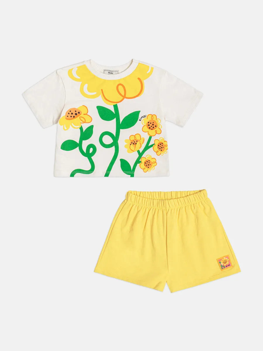 Conjunto Infantil Menina Bimbi com Shorts Amarelo e Blusa Branca Flores