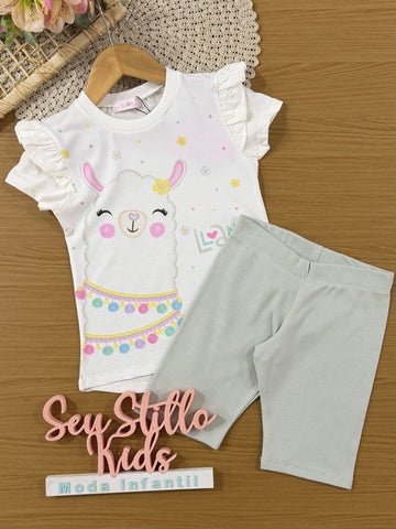 Conjunto Infantil Kukiê com Shorts Ciclista Cinza e Blusa Lhama