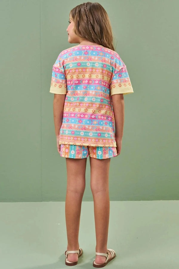 Conjunto Infantil Kukiê Verão com Shorts, Regata e Kimono Amarelo Floral