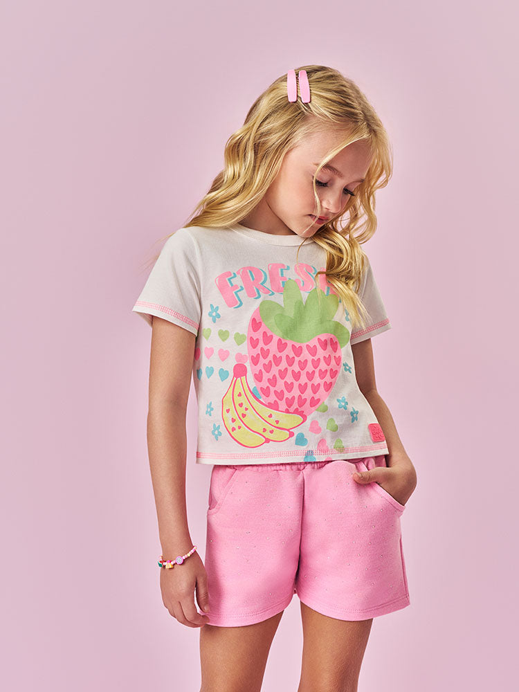 Conjunto Infantil Cinti Verão, Shorts Rosa e Blusa Branca Frutinhas com Pulseira