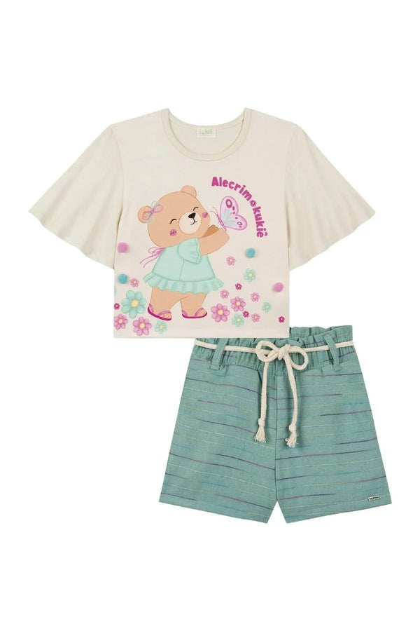 Conjunto Infantil Kukiê Verão com Shorts Verde e Blusa Bege Ursinha Borboleta