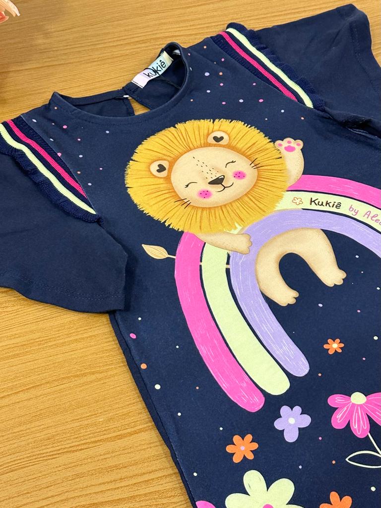 Vestido Infantil Kukie Alecrim Verão Azul Leãozinho