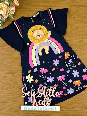 Vestido Infantil Kukie Alecrim Verão Azul Leãozinho