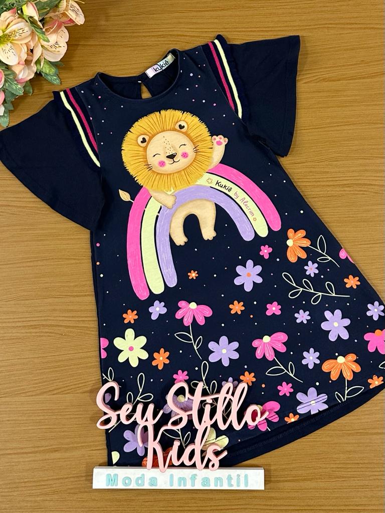 Vestido Infantil Kukie Alecrim Verão Azul Leãozinho