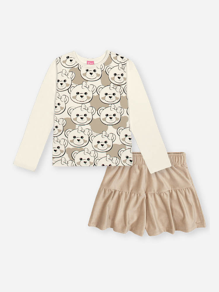 Conjunto Infantil Cinti Inverno com Shorts e Blusa Manga Longa Bege Ursinhos