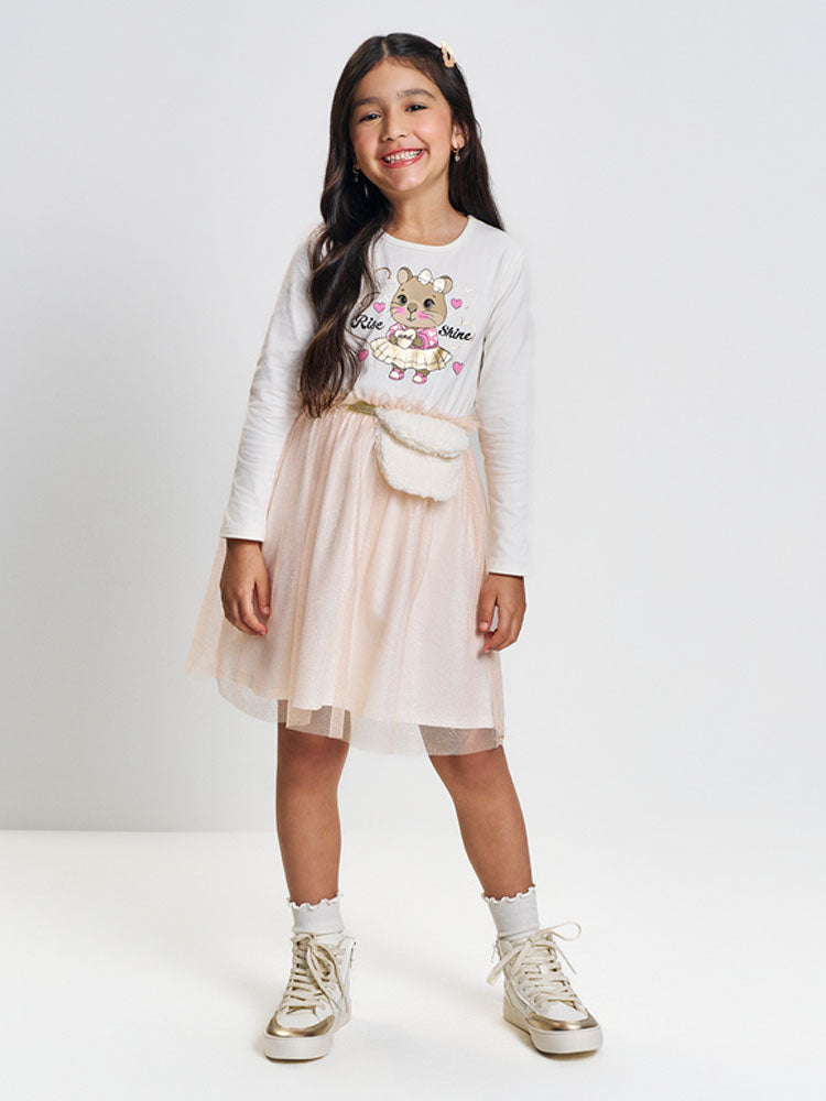 Vestido Infantil Cinti Inverno com Tule e Bolsinha Branco Capivara