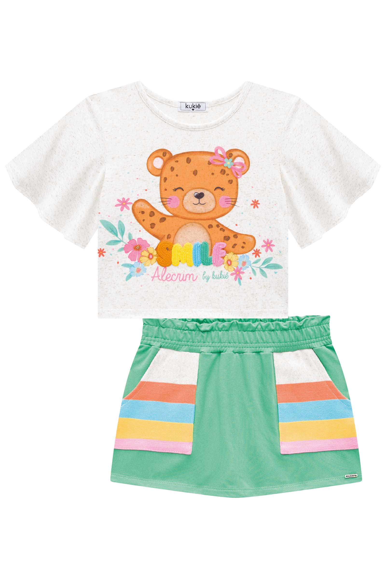 Conjunto Infantil Kukie Alecrim Verão Shorts Verde e Blusa Oncinha