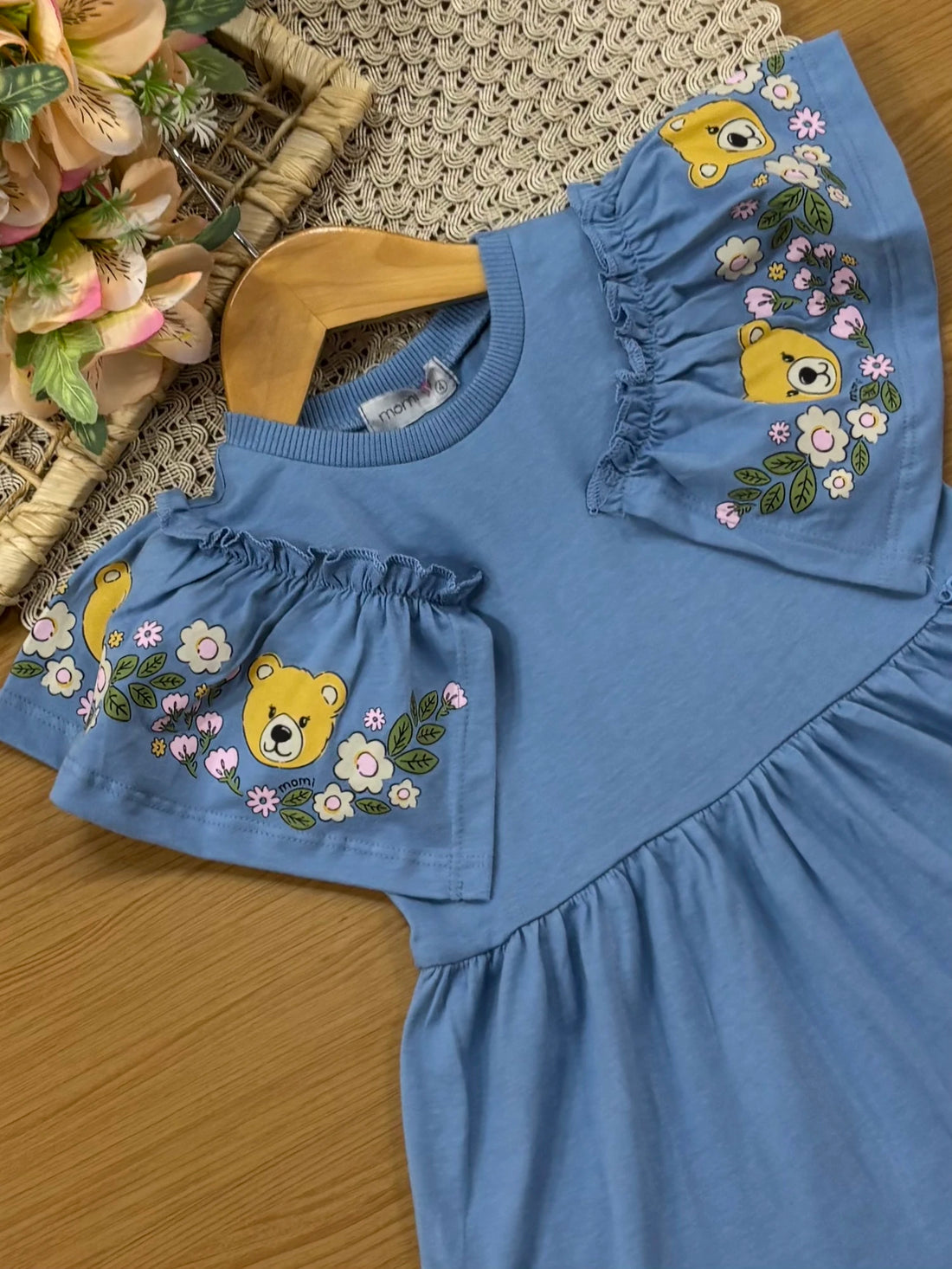 Vestido Infantil Momi Inverno com Babado Azul Ursinho Floral