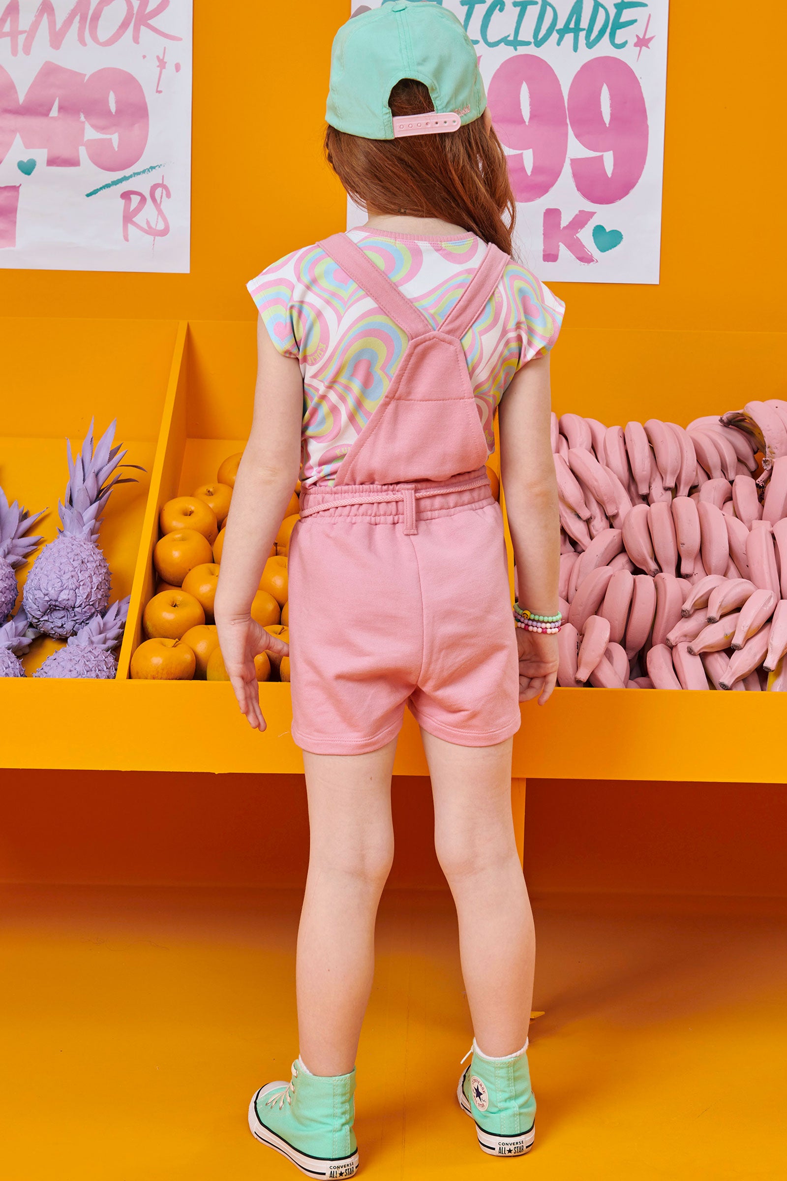 Jardineira Infantil Kukie Verão Rosa Com Blusa Coração