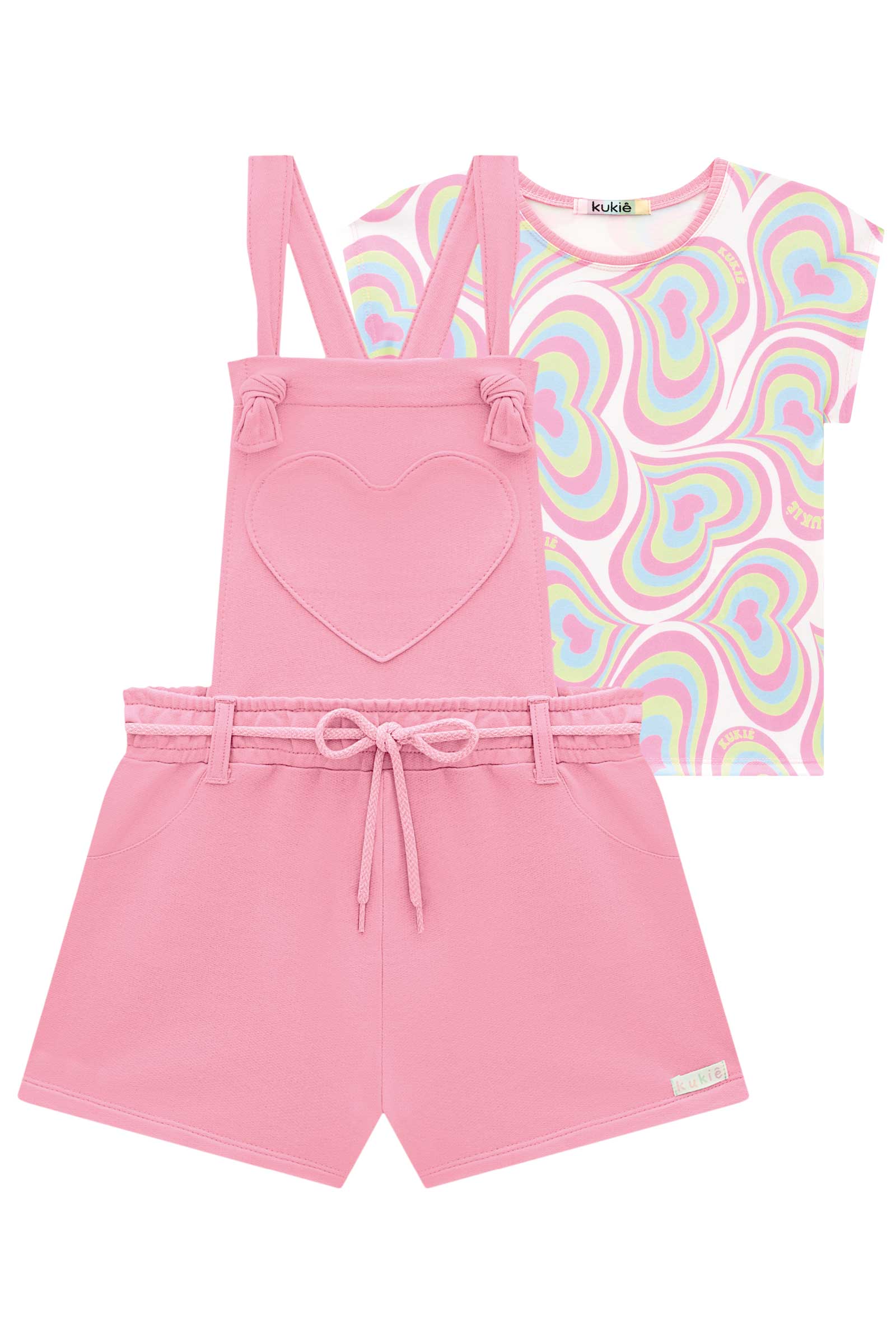 Jardineira Infantil Kukie Verão Rosa Com Blusa Coração