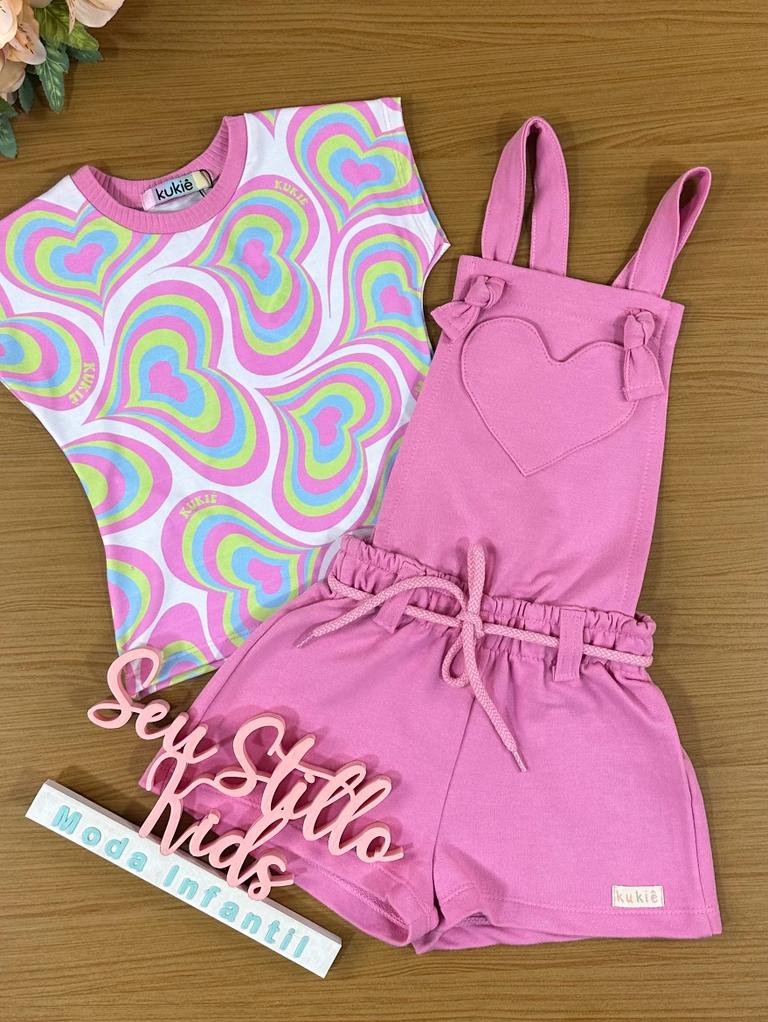 Jardineira Infantil Kukie Verão Rosa Com Blusa Coração