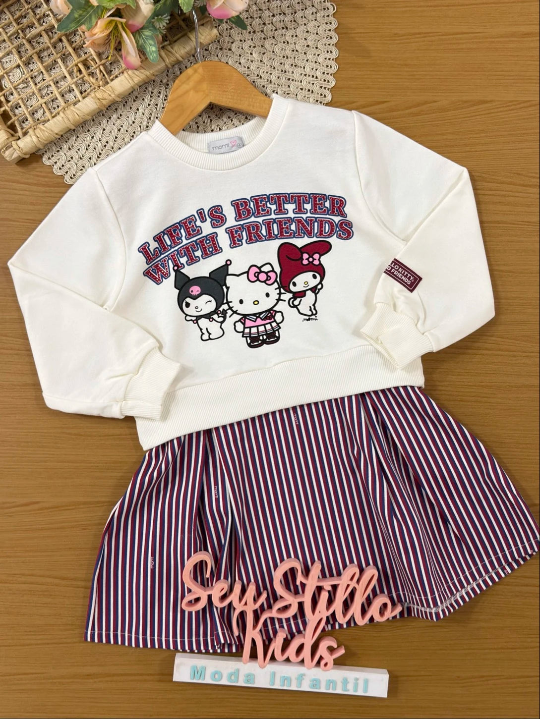 Vestido Infantil Momi Inverno sem Flanela Branco e Listrado Hello Kitty