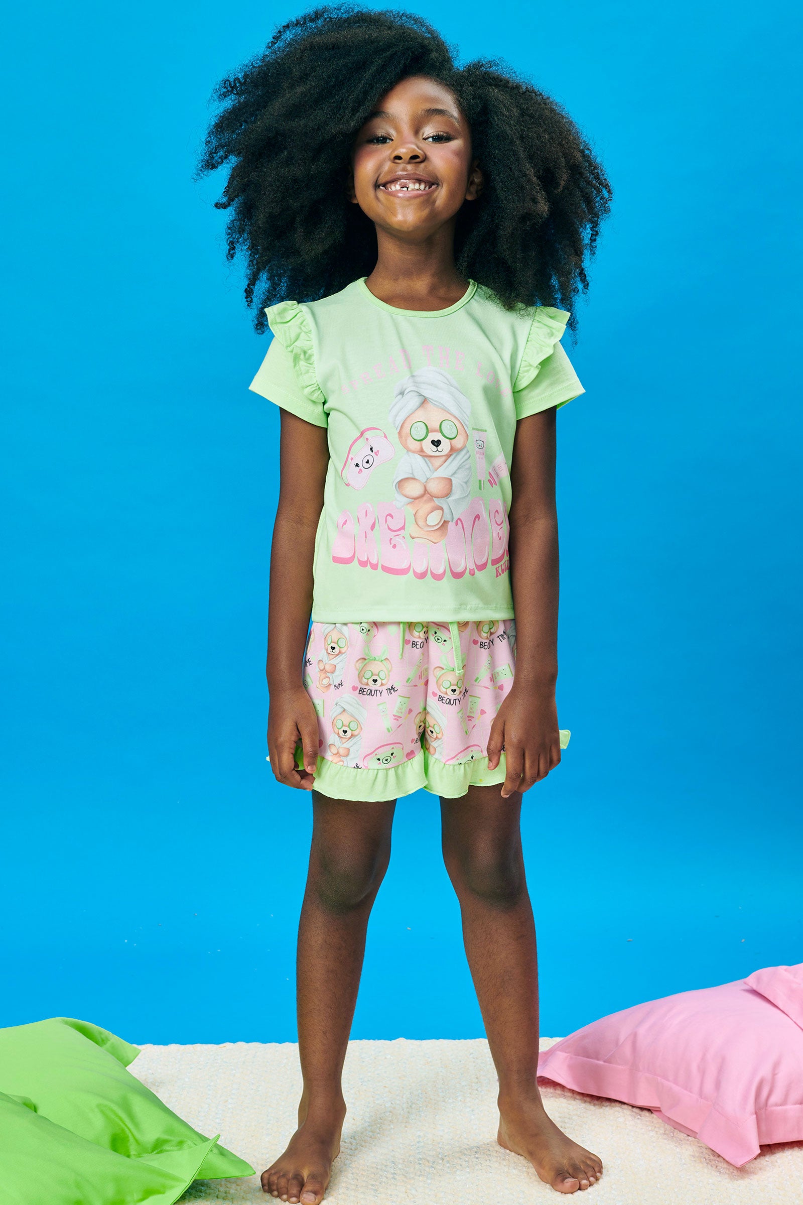 Pijama Infantil Kukie Verão Com Shorts e Blusa Verde Ursinha Spa
