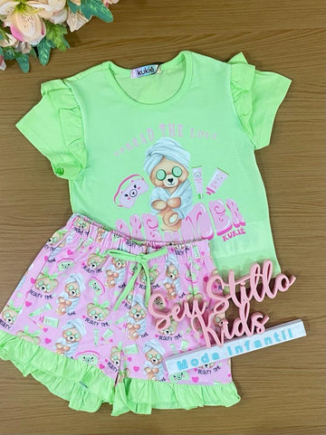 Pijama Infantil Kukie Verão Com Shorts e Blusa Verde Ursinha Spa