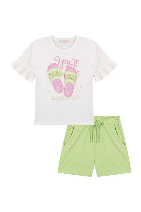 Conjunto Infantil Kukiê Verão com Shorts Verde e Blusa Branca Sandalinha com Laço