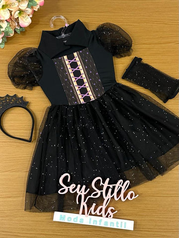 Fantasia Infantil Kukie Verão Preto Bruxinha Com Tiara e Luva