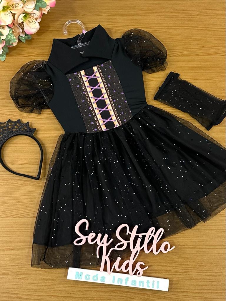 Fantasia Infantil Kukie Verão Preto Bruxinha Com Tiara e Luva