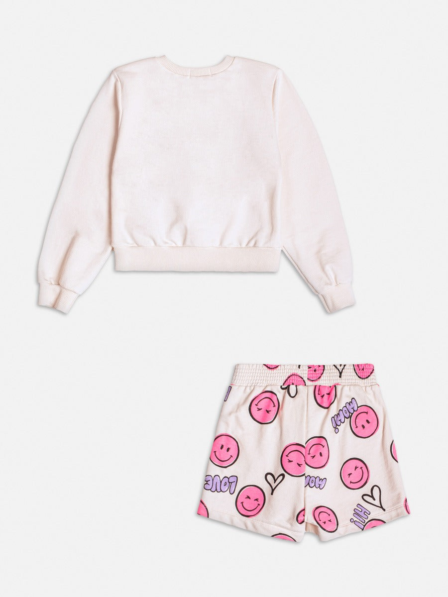 Conjunto Infantil Momi Inverno com Short Saia e Casaco Bege Emoji
