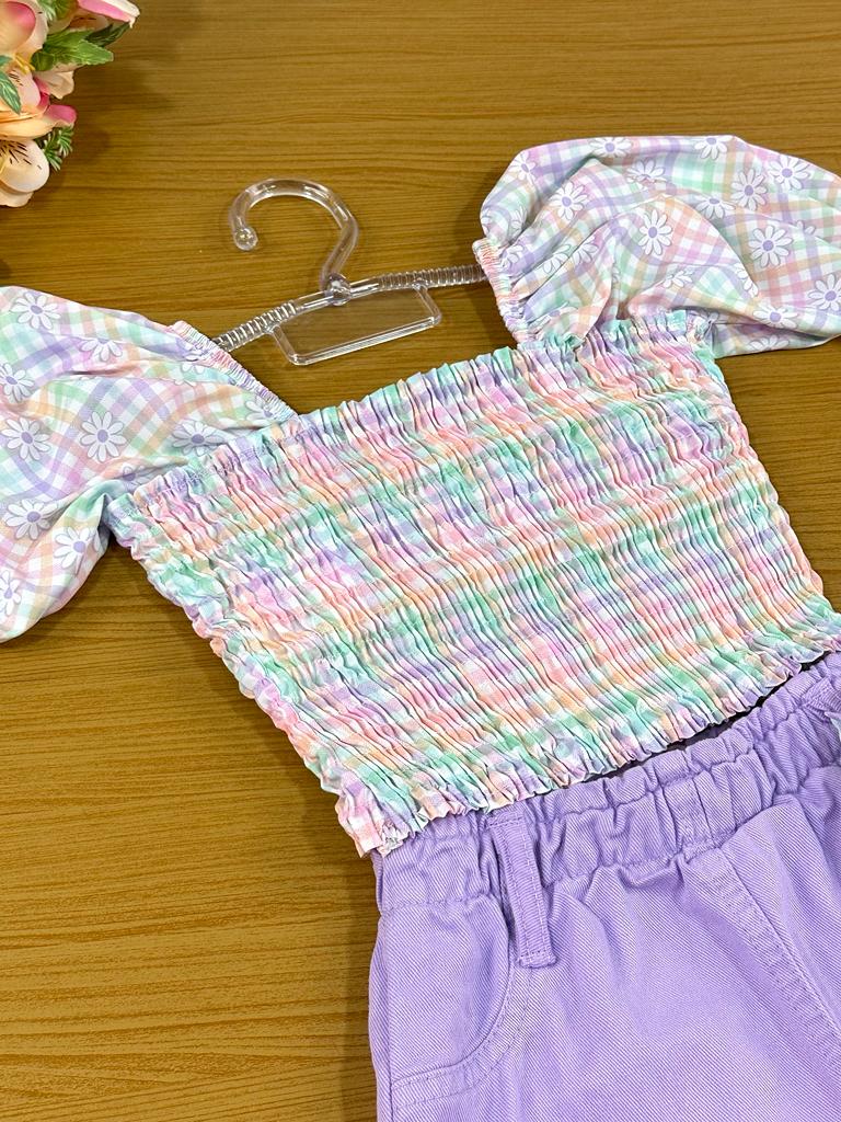 Conjunto Infantil Kukie Verão Com Shorts Saia e Cropped Xadrez Camponesa