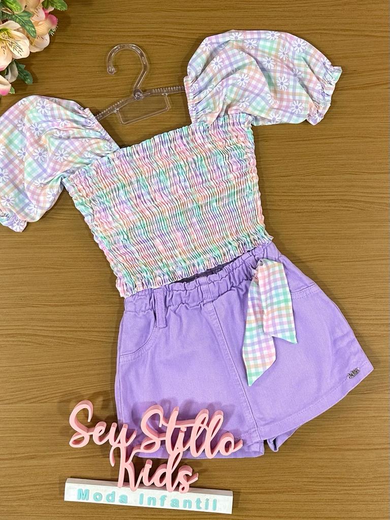 Conjunto Infantil Kukie Verão Com Shorts Saia e Cropped Xadrez Camponesa