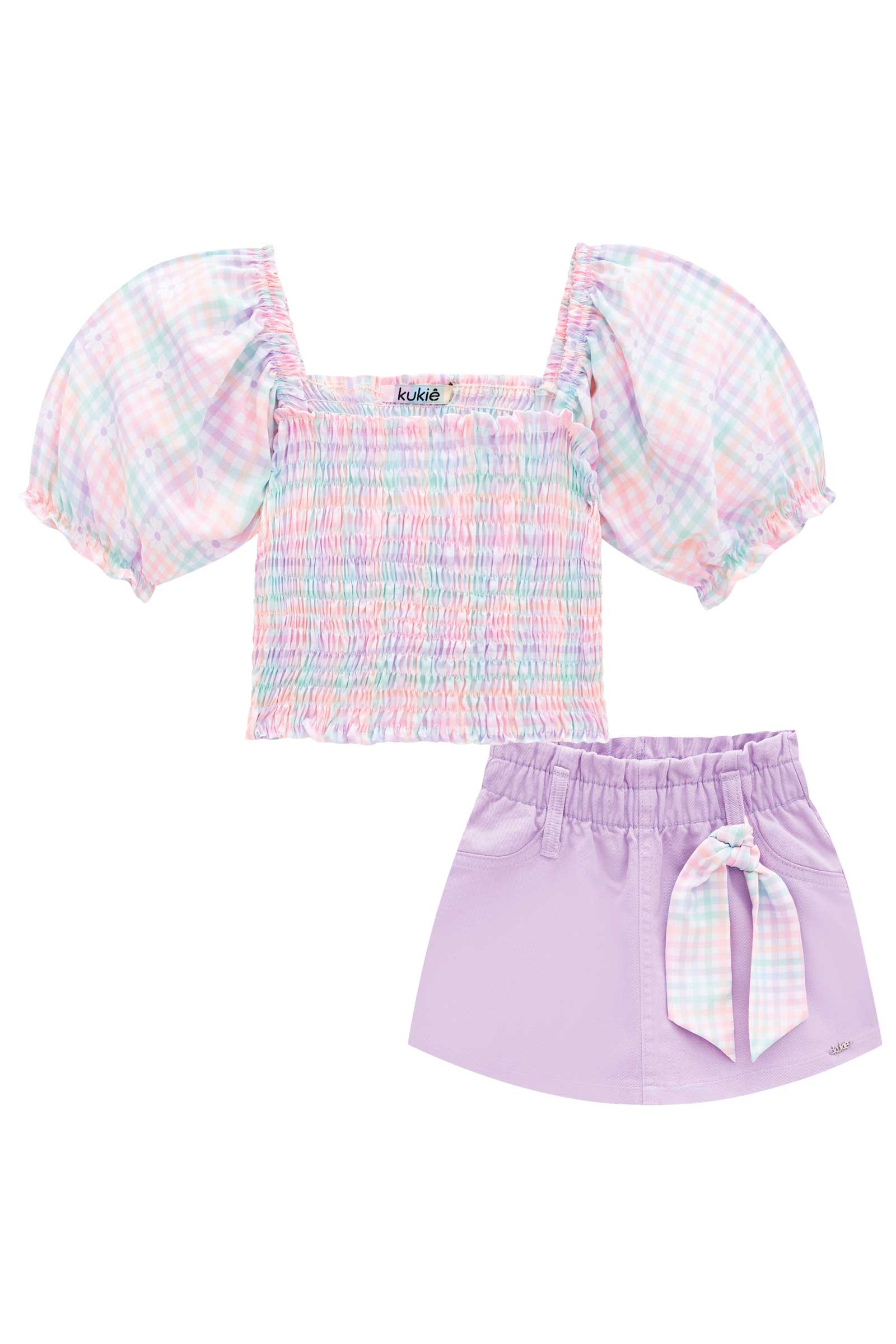 Conjunto Infantil Kukie Verão Com Shorts Saia e Cropped Xadrez Camponesa