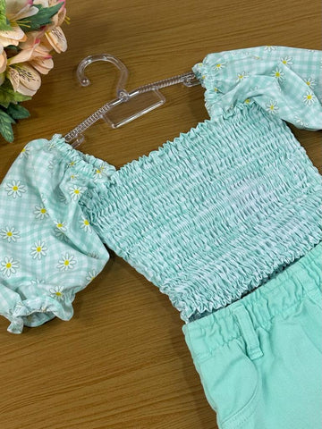 Conjunto Infantil Kukie Verão Com Shorts Saia e Cropped Xadrez Camponesa Verde