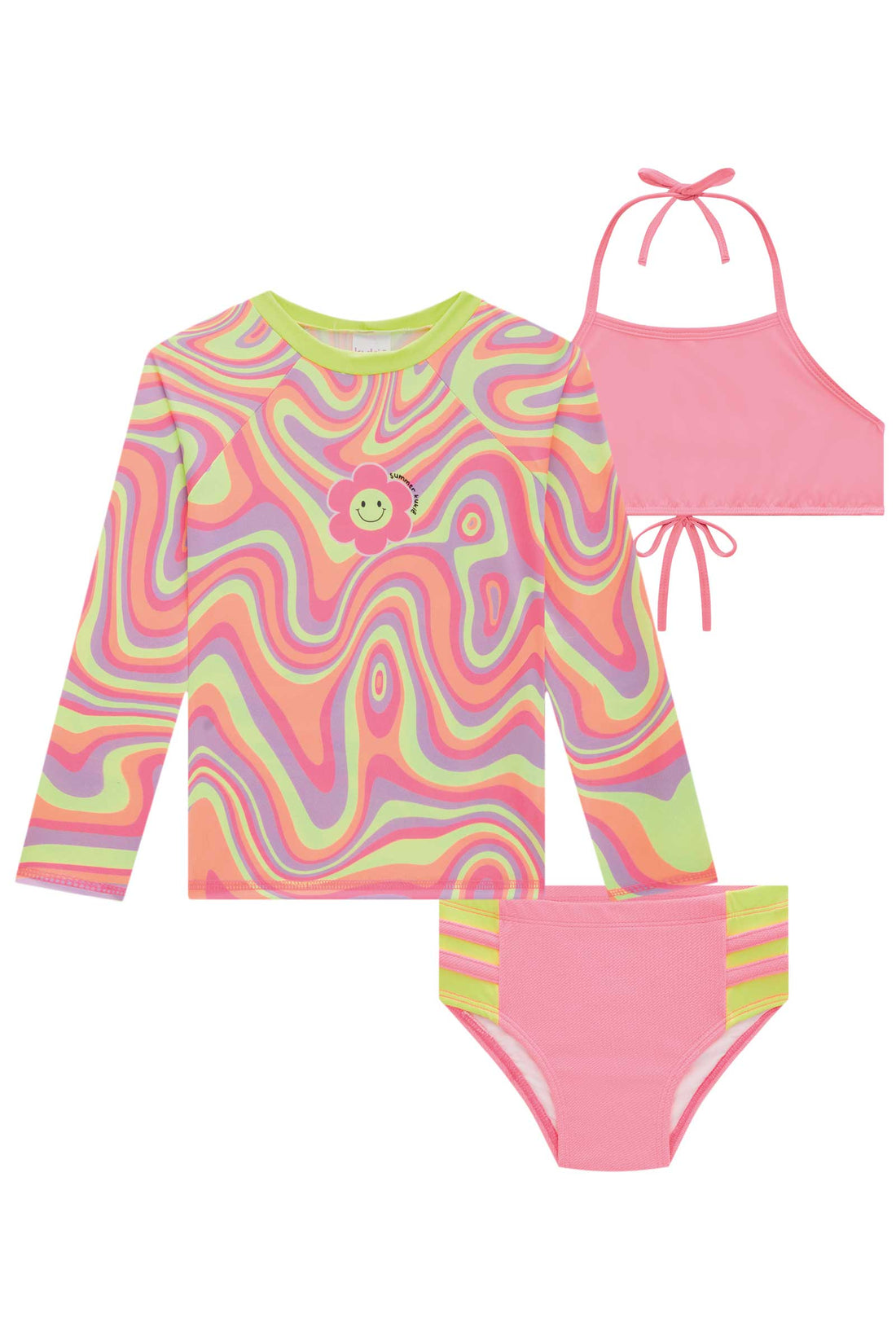 Biquíni Infantil Kukie Verão Com Blusa Manga Longa Rosa e Top Florzinha Neon