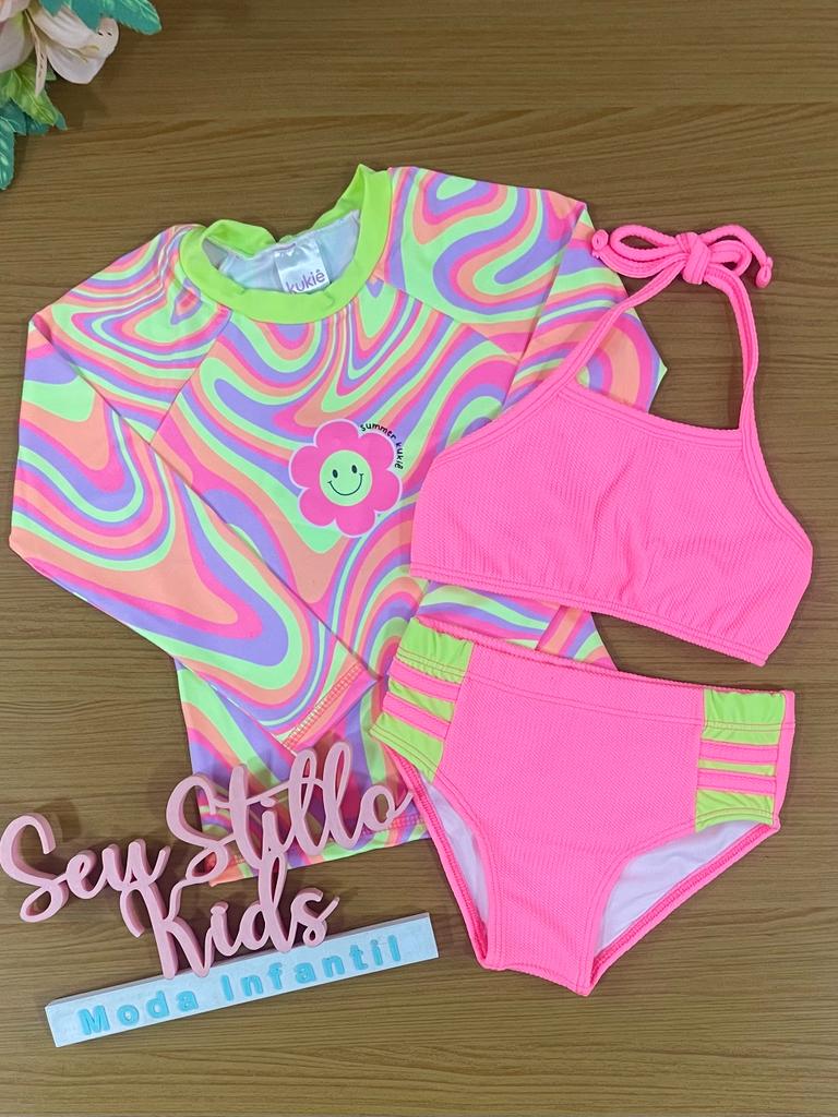 Biquíni Infantil Kukie Verão Com Blusa Manga Longa Rosa e Top Florzinha Neon