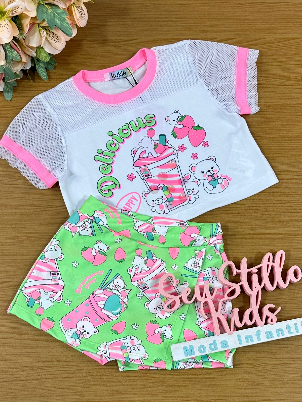 Conjunto Infantil Kukie Verão Com Shorts Saia e Blusa Ursinho Milk