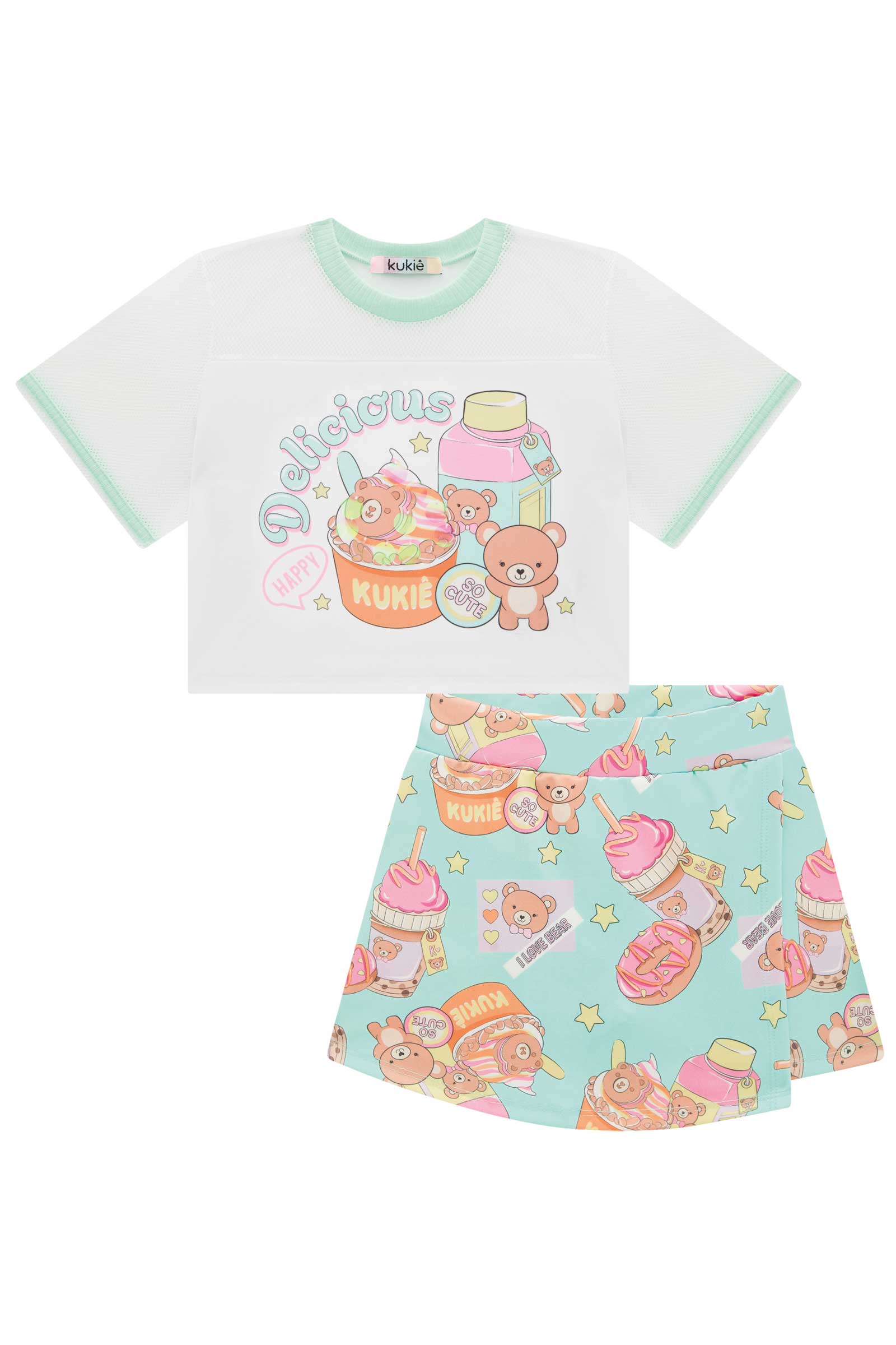 Conjunto Infantil Kukie Verão Com Shorts Saia e Blusa Ursinho Milk