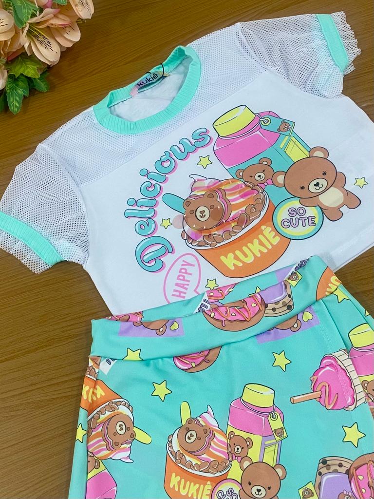 Conjunto Infantil Kukie Verão Com Shorts Saia e Blusa Ursinho Milk