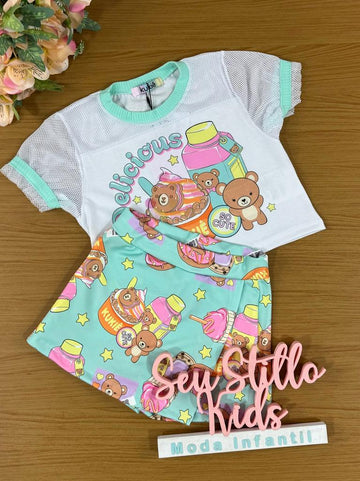 Conjunto Infantil Kukie Verão Com Shorts Saia e Blusa Ursinho Milk