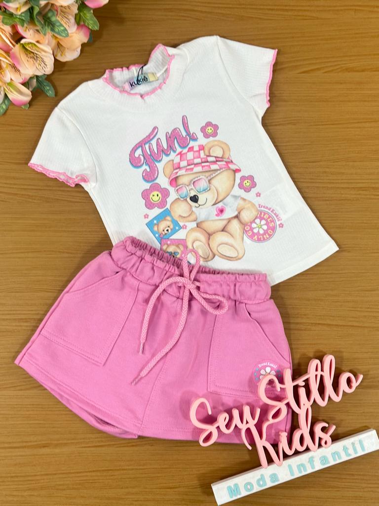 Conjunto Infantil Kukie Verão Com Shorts Saia Rosa e Blusa Branca Ursinha Fun