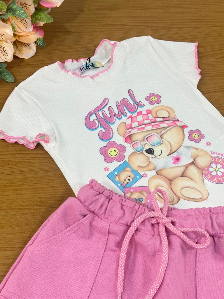 Conjunto Infantil Kukie Verão Com Shorts Saia Rosa e Blusa Branca Ursinha Fun