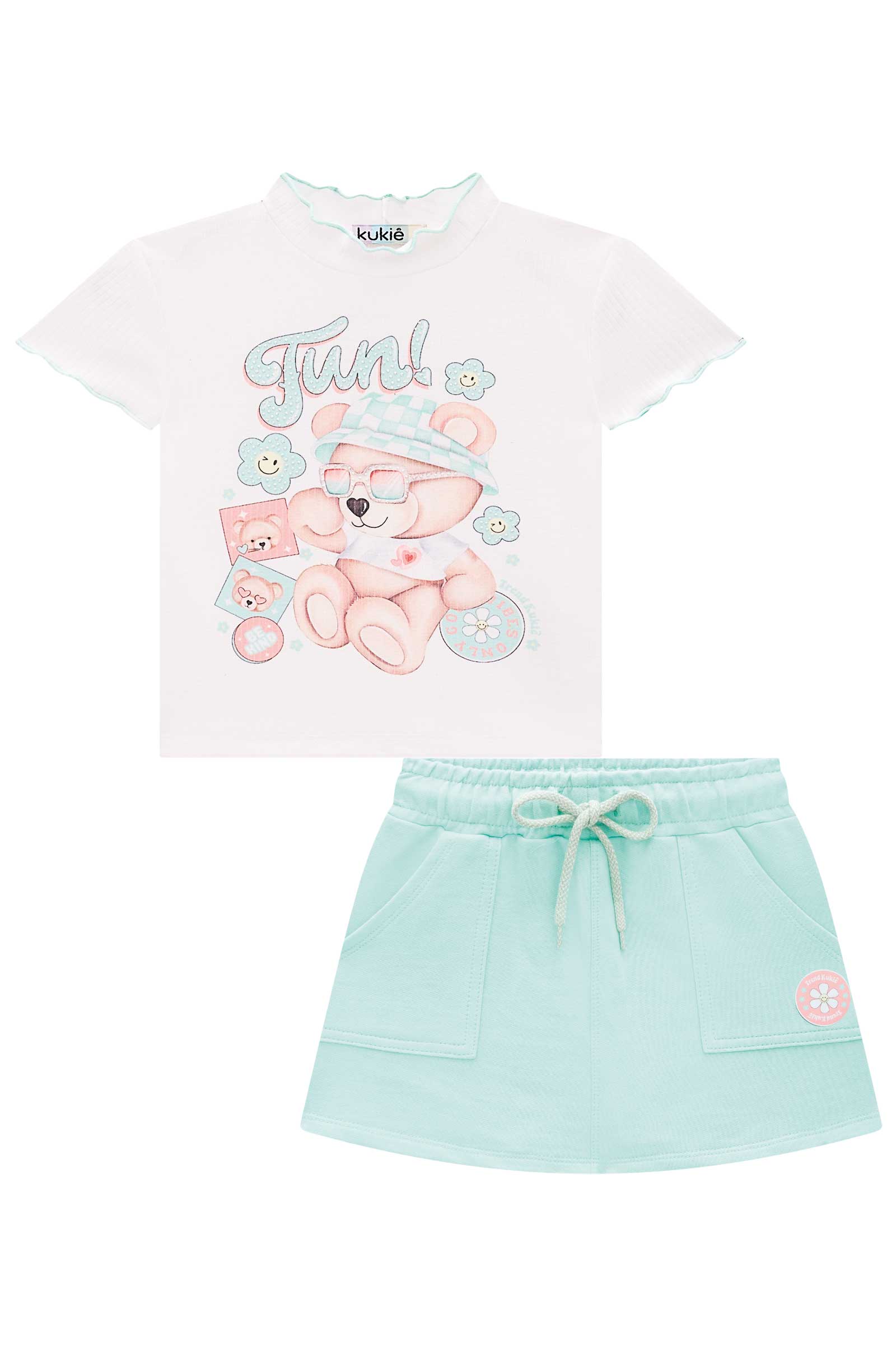 Conjunto Infantil Kukie Verão Com Shorts Saia Azul e Blusa Branca Ursinha Fun
