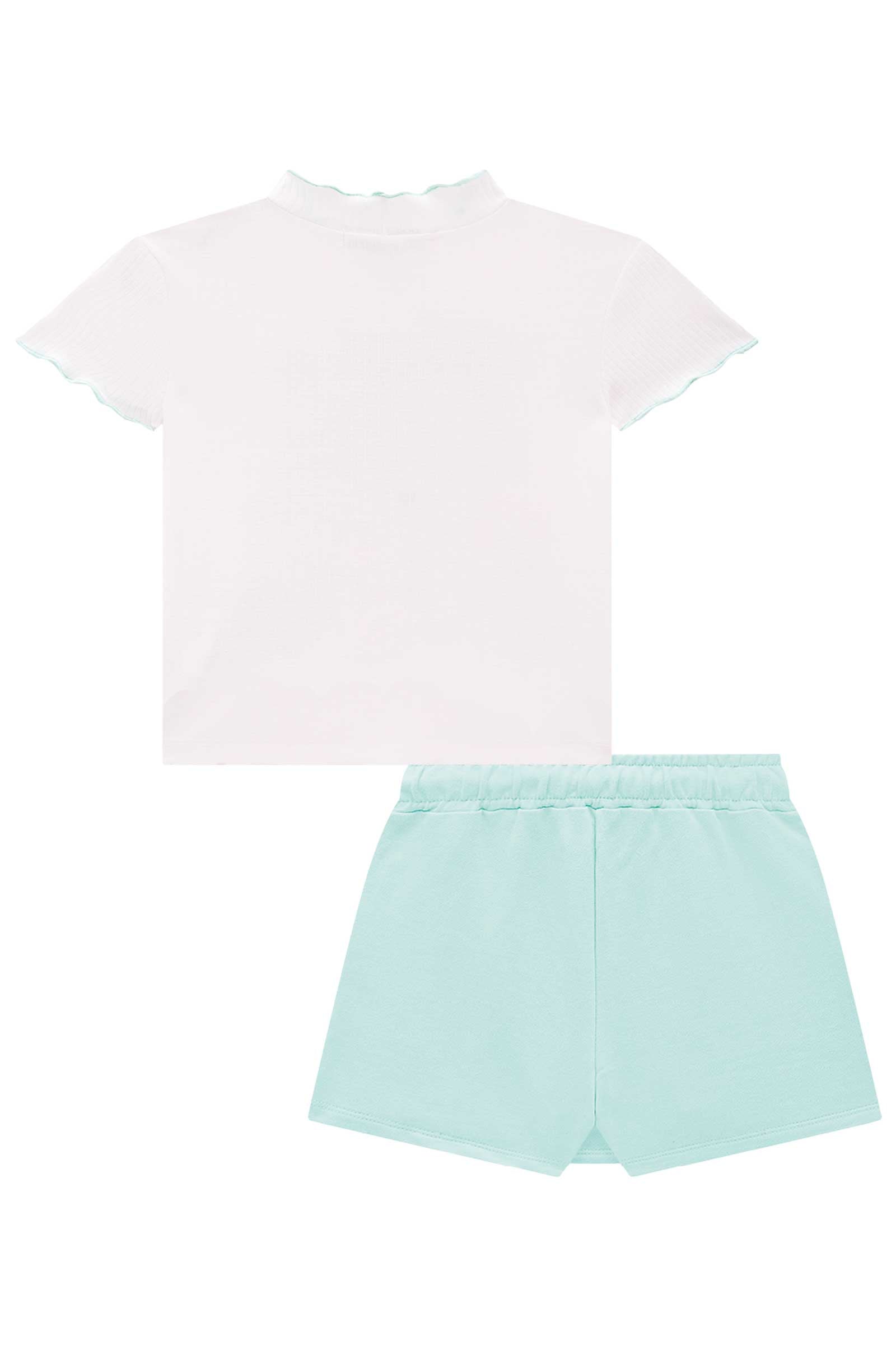 Conjunto Infantil Kukie Verão Com Shorts Saia Azul e Blusa Branca Ursinha Fun