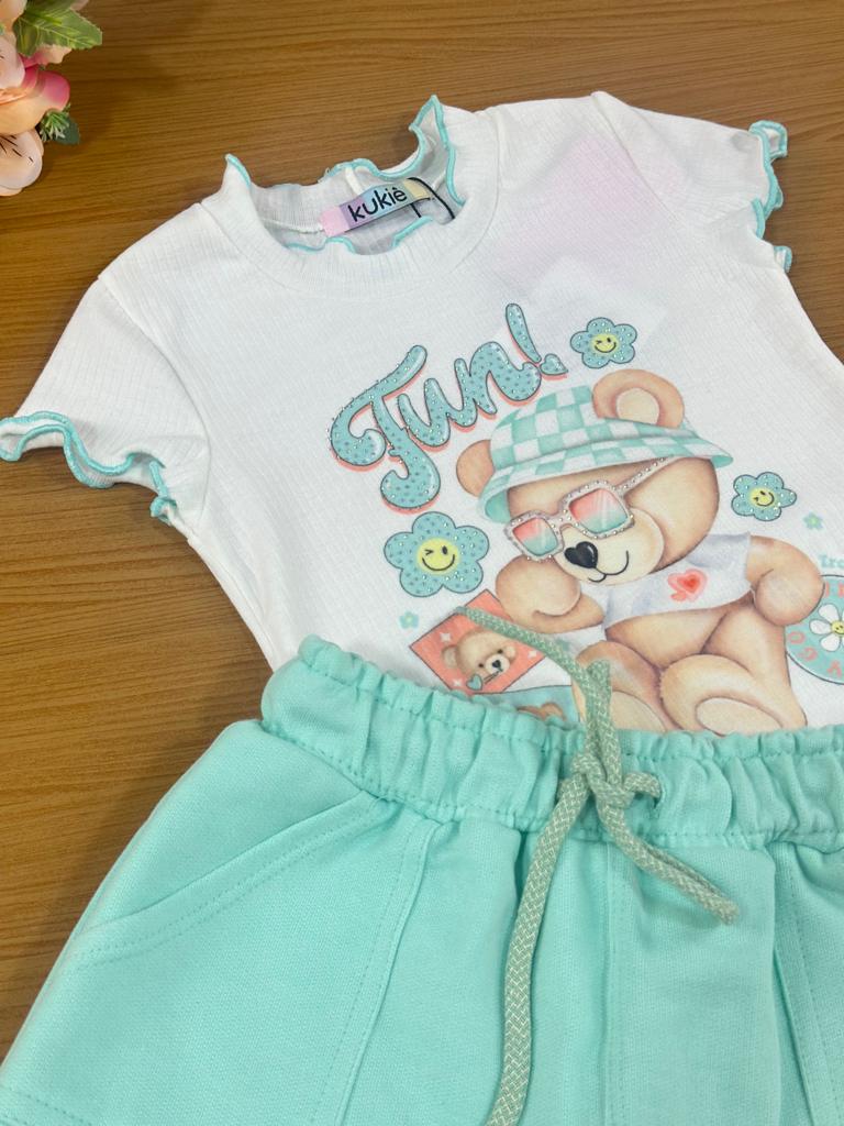 Conjunto Infantil Kukie Verão Com Shorts Saia Azul e Blusa Branca Ursinha Fun