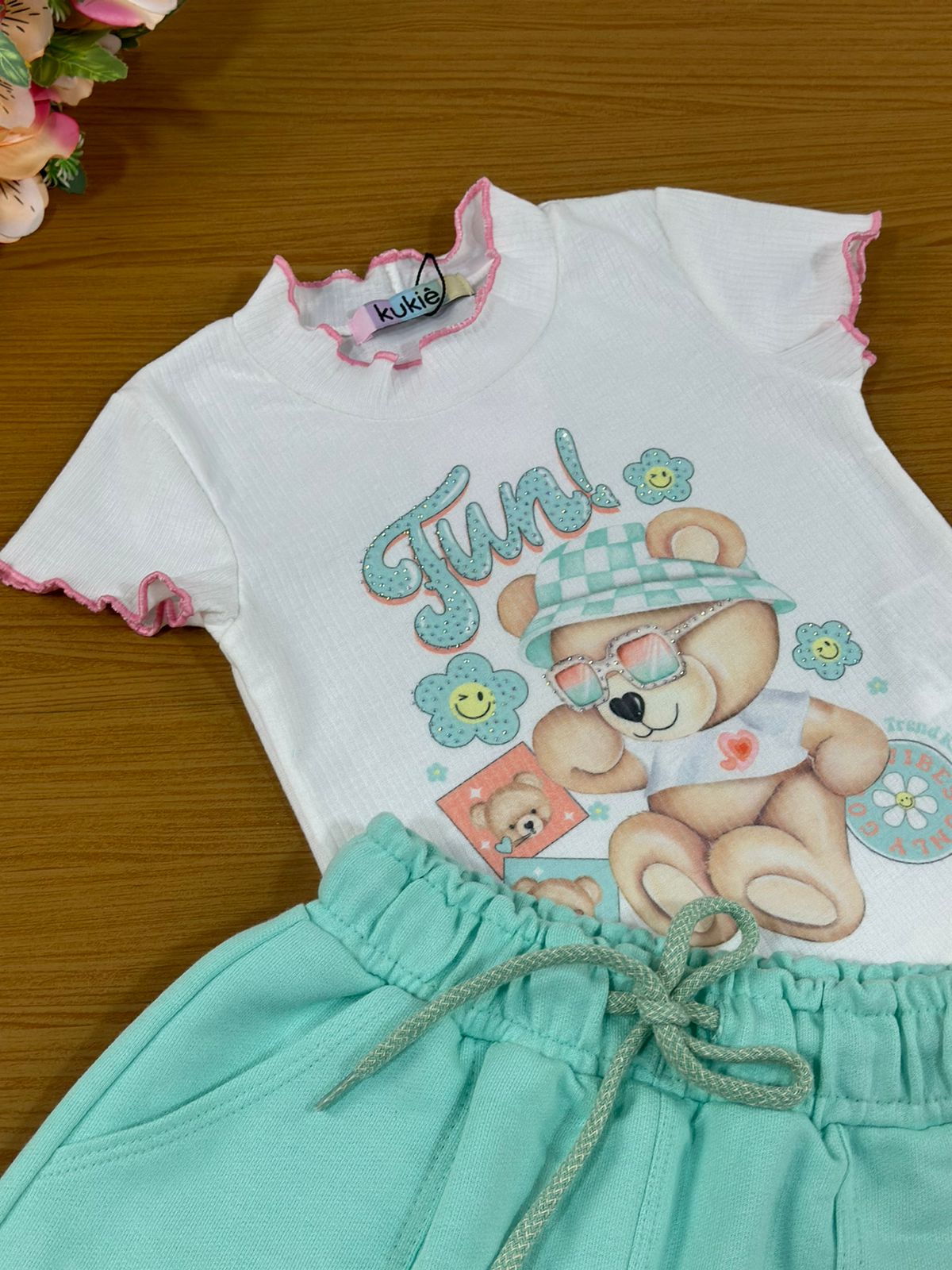 Conjunto Infantil Kukie Verão Com Shorts Saia Azul e Blusa Branca Ursinha Fun