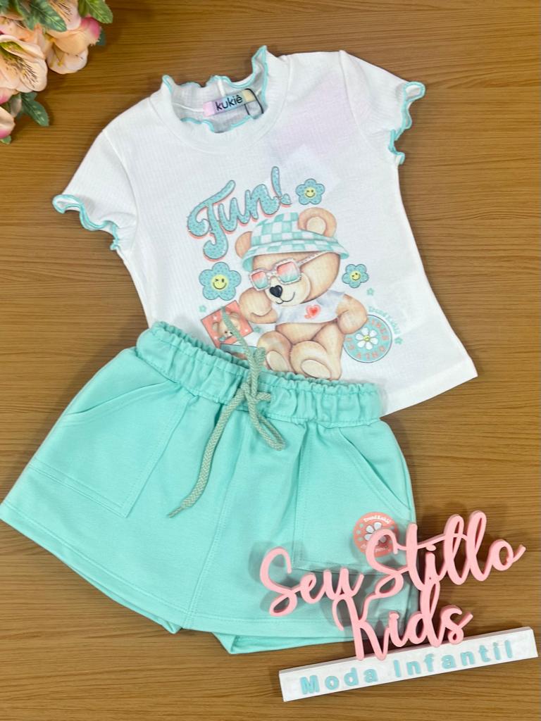 Conjunto Infantil Kukie Verão Com Shorts Saia Azul e Blusa Branca Ursinha Fun