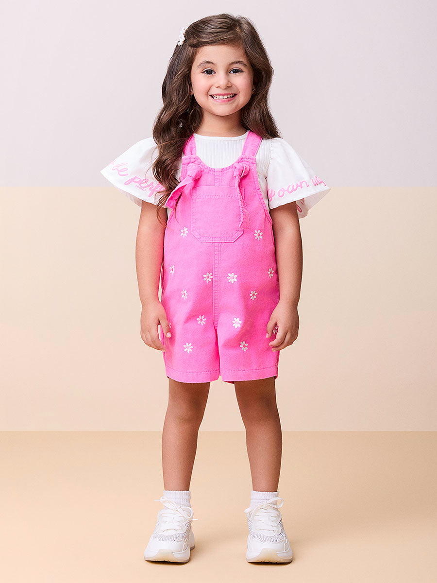 Jardineira Infantil Momi Verão Rosa Floral com Blusa Branca