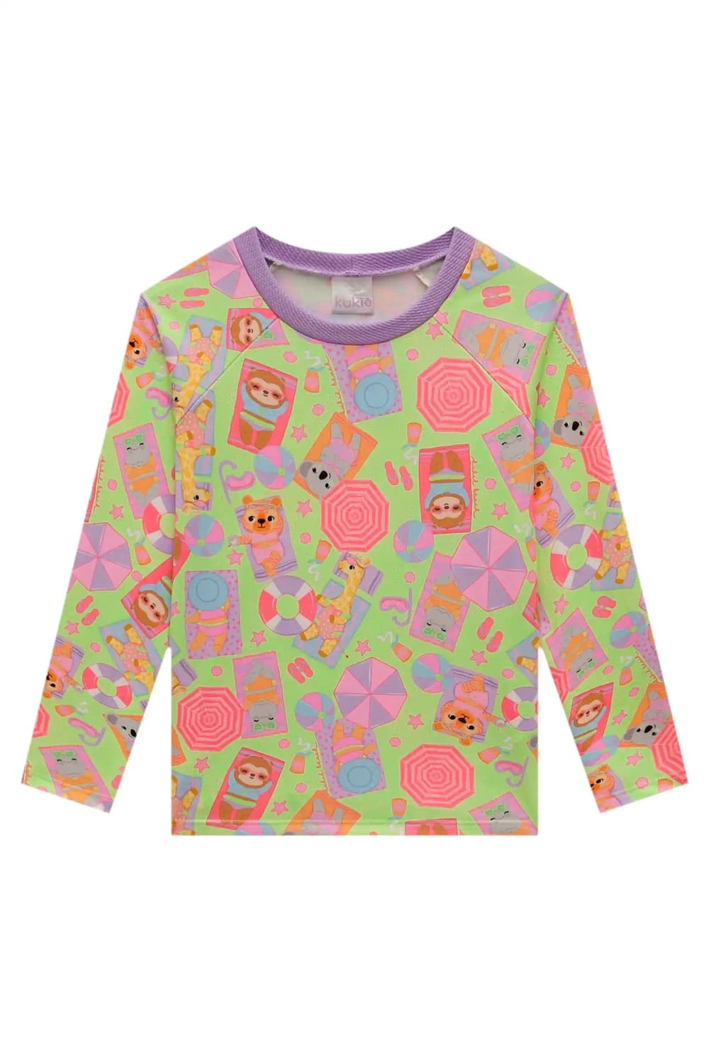 Biquíni Infantil Kukiê Verão com Blusa Manga Longa Verde e Lilás Férias