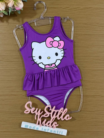 Maiô Infantil Momi Verão Roxo com Babado Hello Kitty