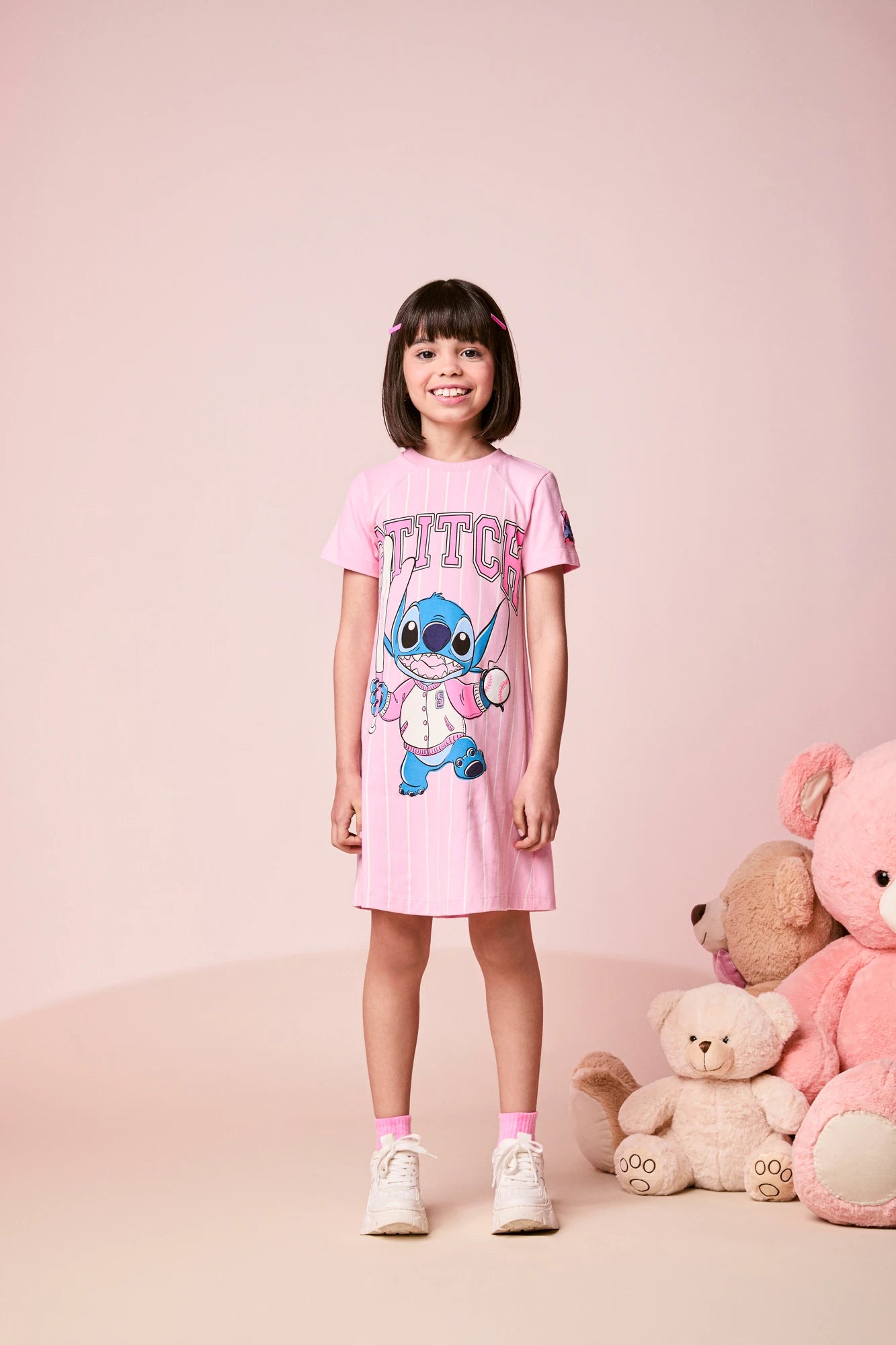 Vestido Infantil Momi Inverno Rosa Listrado Stitch