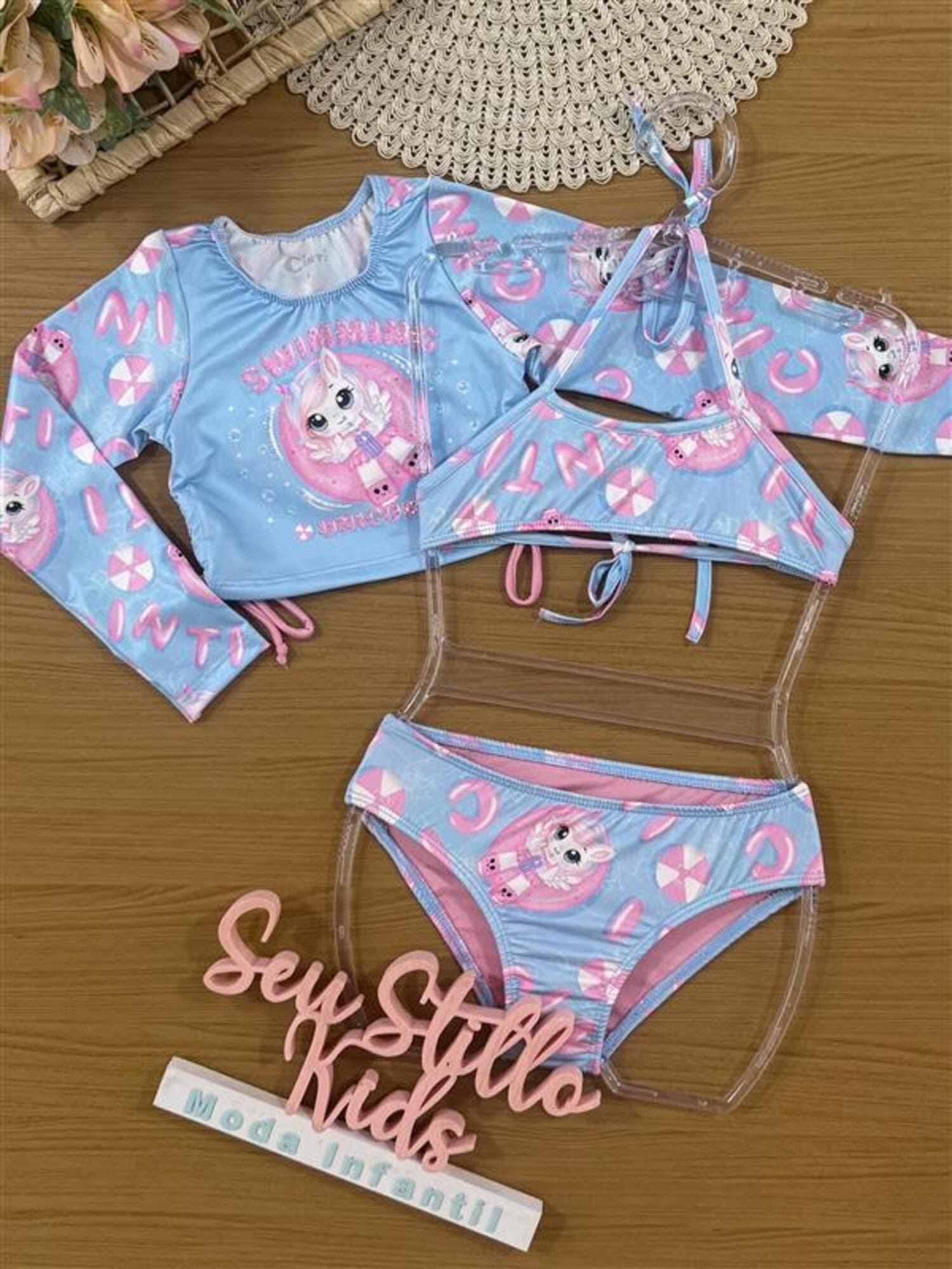 Biquíni Infantil Cinti Verão com Blusa Manga Longa Azul Unicórnio