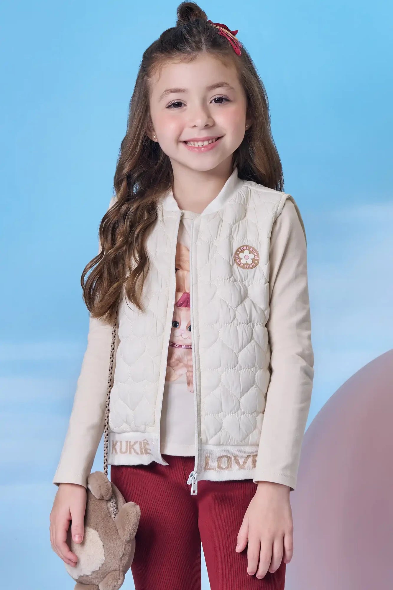 Colete Infantil Kukiê Inverno Puffer Off White Corações