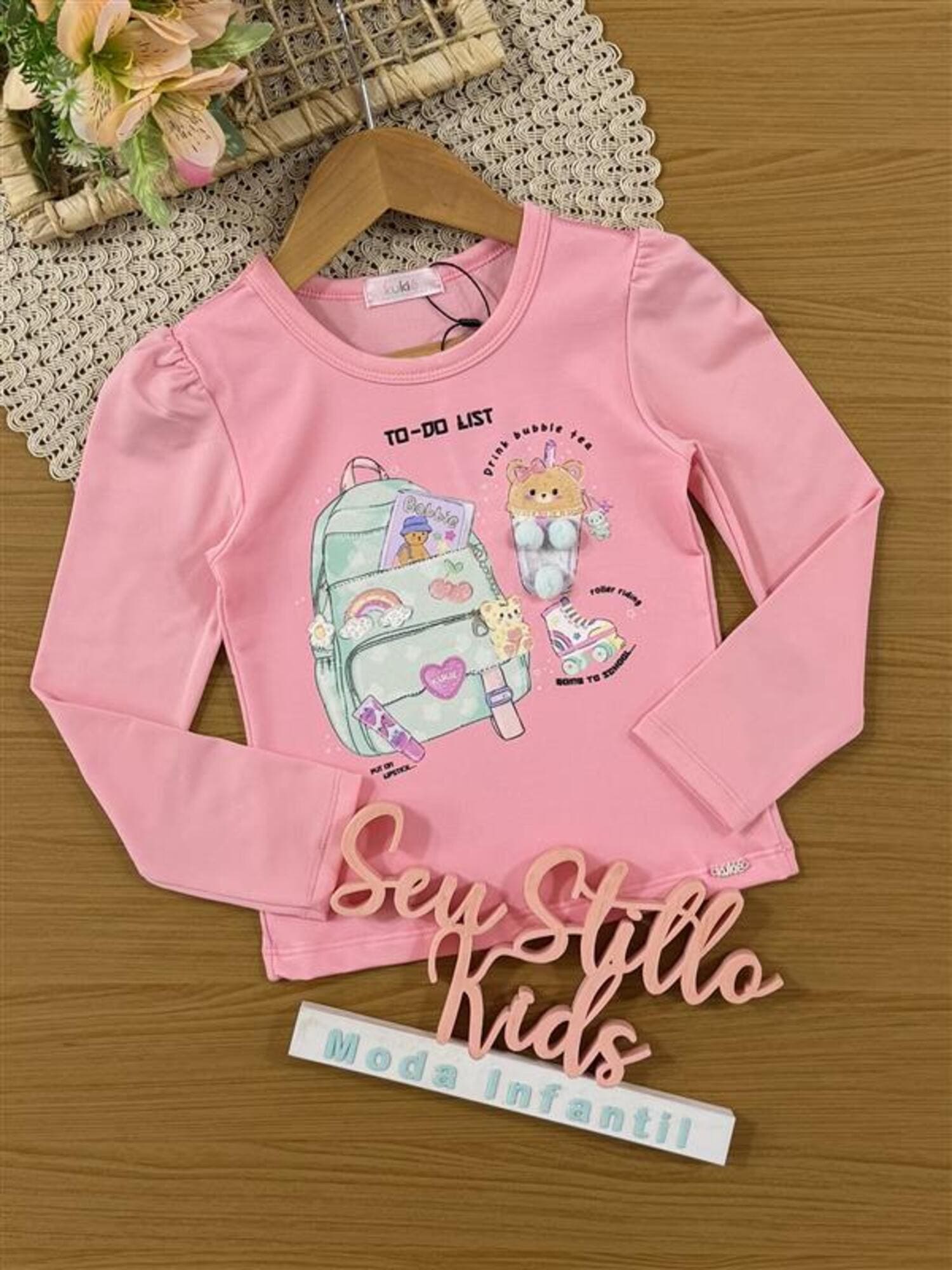 Blusa Infantil Kukiê Inverno Térmica Manga Longa Rosa com Pom pom